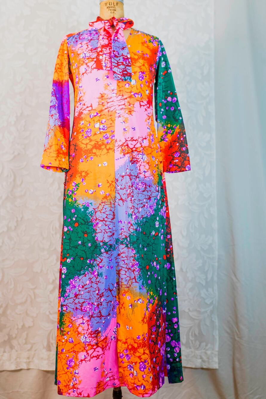 Vintage 70s Psychedelic Hostess Maxi Dress Mod Print Bright Color Boho Hippie, S